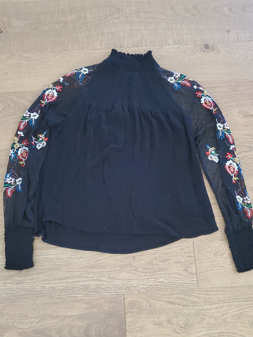 Black Embroidered Sheer Sleeve Smocked Neck Blouse